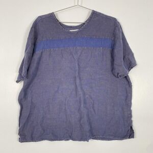 Flax Shirt Womens Large Blue 100% Linen Colorblock Short Sleeve Tunic Minimalist